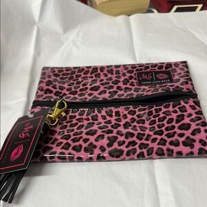 Makeup Junkie Pink and Black Leopard Cosmetic Bag with Gold Accents.